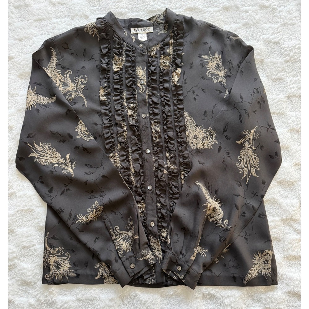 Tyler Boe 100% Silk Ruffle Front Paisley Floral Blouse Black/Gold Womens 12